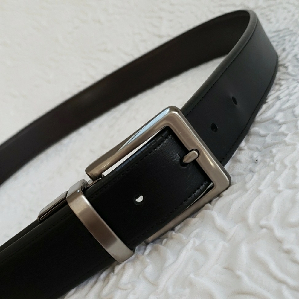 Reversible Mens brown black leather belt with matt silver buckle Size 38